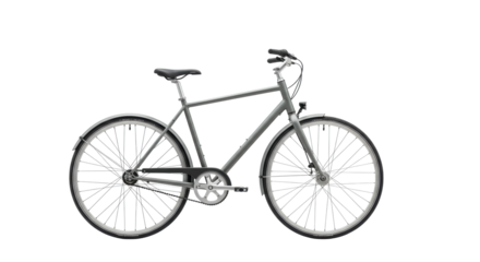 Meticulously clean, sleek, modern black bicycle in a minimalist high-key studio with a transparent, shadowless background, concept of modern sustainable mobility