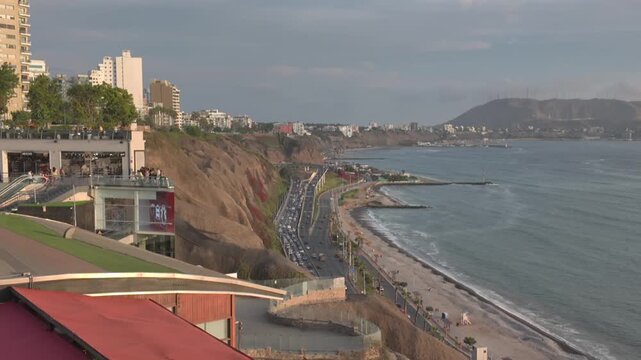Ocean, Highway, Cliff and City View from Larcomar, Lima, Peru