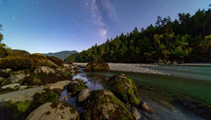 A vibrant blue river flowing over smooth stones under starlight, shot with HD-camera precision, evoking divine serenity