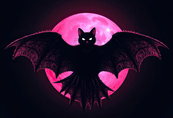 Embrace the horror with this terrifying illustration of a giant vampire bat with glowing eyes, silhouetted against a dramatic and vibrant full pink moon.
