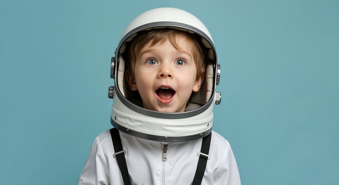 Child astronaut helmet excited expression space suit blue background wonder amazement. Young explorer cosmic adventure dream imagination childhood fantasy. Space education STEM programs children