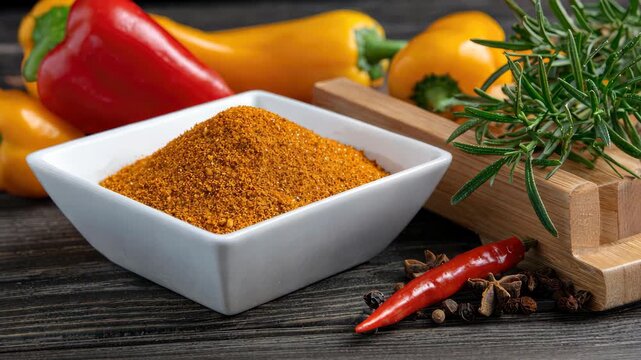 Explore vibrant spices and fresh vegetables in a colorful kitchen setup portraying culinary creativity with natural ingredients