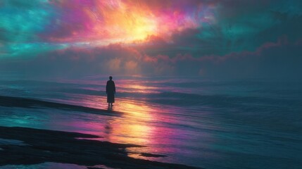 A solitary figure on a colorful beach at dawn