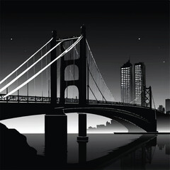 Fototapeta premium Stunning black and white illustration of a suspension bridge at night, with illuminated cables and city skyline reflecting on water.