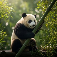Obraz premium A panda clinging to a bamboo stalk in a lush forest.