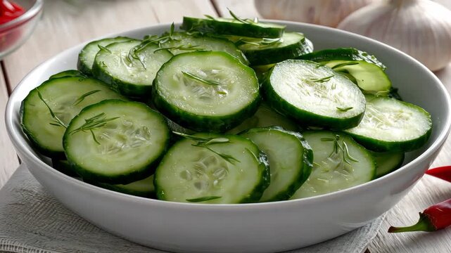 Refreshing cucumber salad preparation with garlic and herbs in a kitchen setting