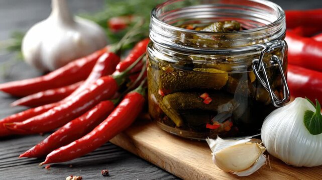 Delicious pickled cucumbers with garlic and chili peppers prepared on a wooden board in a cozy kitchen setting