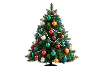 Fully decorated Christmas tree with colorful baubles and garland, isolated on white. Festive symbol of winter holiday celebration.