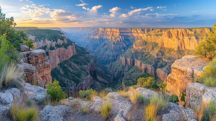 The vibrant culture of ancient rock formations in a vast canyon under the bright sky. Timeless scenery, adventurous spirit.