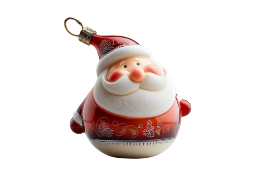 Glass Santa Claus ornament with golden pattern and red festive coat, isolated on white background.
