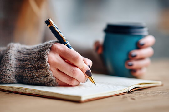 Close up of woman's hands holding a coffee cup while writing in a notebook with a pen, capturing a cozy morning routine at the desk