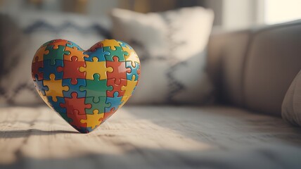 Autism Colorful Puzzle Heart Symbolizing Autism Awareness on Wooden Surface