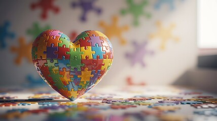 Autism Colorful Puzzle Heart Symbolizing Unity and Love on Scattered Pieces Background
