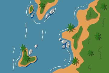 Map of the tropical island of flat style island in the ocean with palm trees	