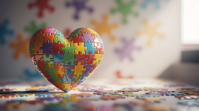 Autism Colorful Puzzle Heart Symbolizing Unity and Love on Scattered Pieces Background