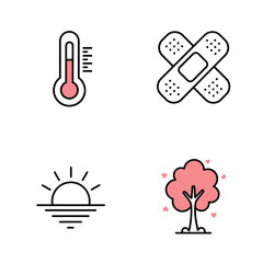 Fototapeta premium Collection of Breast Cancer Awareness Month-themed icons, including Thermometer, Bandage, Sunrise, Pink-leaf tree