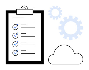 Clipboard with checklist, cloud, and gears symbolizing task management, cloud computing, workflow optimization, productivity, collaboration, goal setting. Ideal for planning organization teamwork