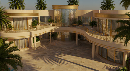 Luxury mansion estate architecture design building exterior palm trees gold accents modern residence home style