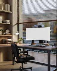 Blank curved screen computer on wooden table and armchair in modern living room or glass wall office.
