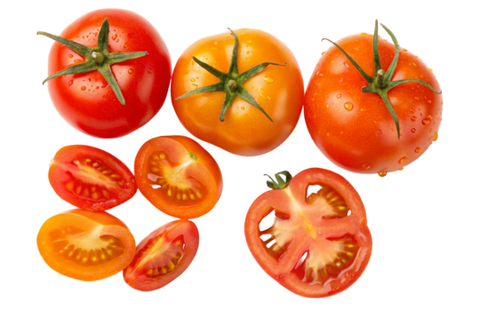 Fresh ripe tomatoes and sliced variants on a clean white background showcasing vibrant colors