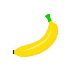 Simple Yellow Banana Illustration on White Background. Minimalist vector illustration of a ripe yellow banana with a green stem on a white background.