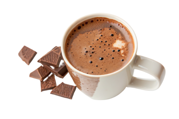 Delicious hot chocolate drink in a white ceramic mug with scattered chocolate pieces beside it