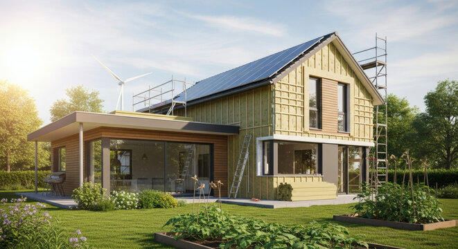 Efficiency energy concept. Sustainable development and eco house. Ecological house with low consumption on renovation with insulation.