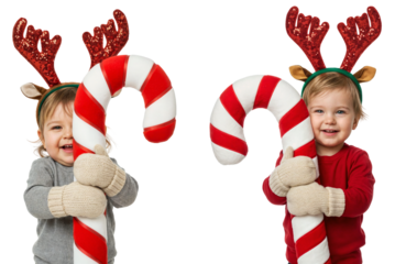 two toddlers in reindeer costumes holding giant candy canes at christmas