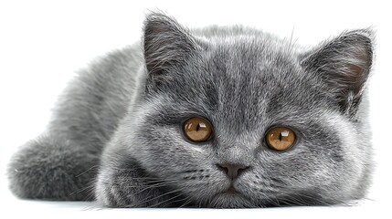 Portrait of British Shorthair kitten with soft gray fur round face and amber eyes isolated on white background