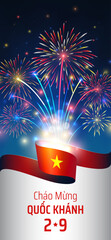 September 2, vietnam independence day, vector greeting card vietnamese flag, fireworks on blue night sky background. National holidays template. Translation: Happy independence day september 2nd