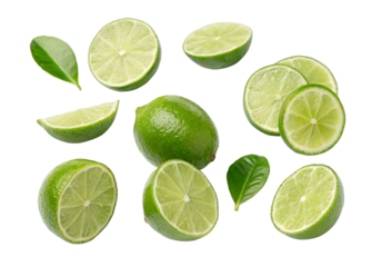 Whole and sliced green limes with bright juicy citrus texture and fresh leaves on white background