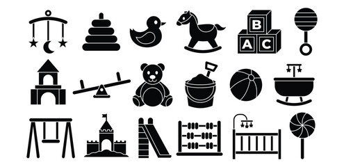 Baby Toy Fill Black Icon Featuring Carousel Duck Horse And Building Blocks, Fun, Creative, Playground, Childhood, Symbol Vector Design
