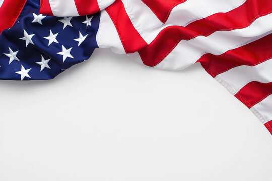 United States flag draped over a white background, creating a patriotic image with ample space for text or design elements