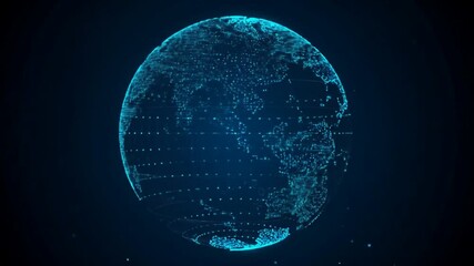 A rotating, translucent, light-blue globe, composed of interconnected dots and lines, is displayed against a dark blue background. - Powered by Adobe