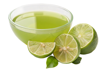 Fresh lime juice in a glass bowl with slices for healthy drinks and refreshing recipes options