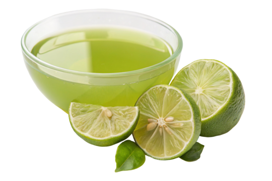 Fresh lime juice in a glass bowl with slices for healthy drinks and refreshing recipes options