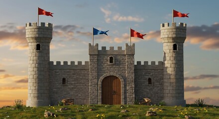 Majestic stone castle stands proudly at sunset glowing warm light. AI Generated