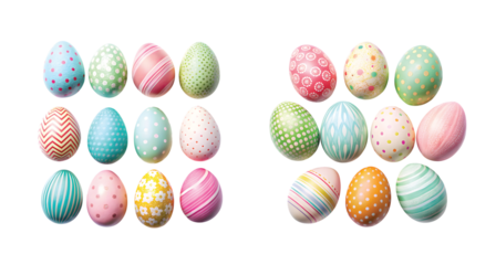 Decorated Easter Egg Set (Flat Lay): Collection of decorated Easter eggs in various patterns and pastel colors, flat lay PNG