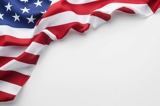 United States flag draped over a white background, creating a patriotic backdrop with ample space for text or design elements - Powered by Adobe