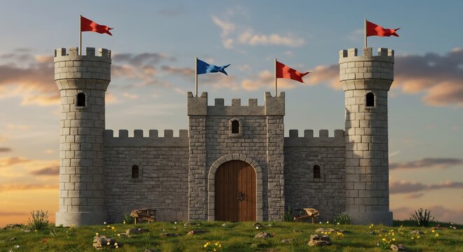 Majestic stone castle stands proudly at sunset glowing warm light. AI Generated