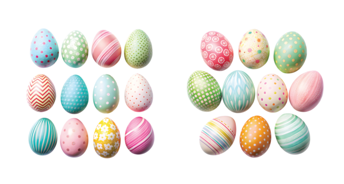 Decorated Easter Egg Set (Flat Lay): Collection of decorated Easter eggs in various patterns and pastel colors, flat lay PNG
