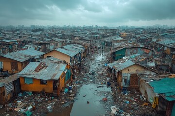 Overcrowded urban slum with rundown houses and poor sanitation conditions