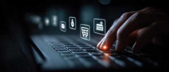 Hands typing on laptop keyboard, digital icons overlay