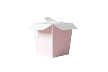 A light pink takeout food container, open, with a white lid and a small, folded bow