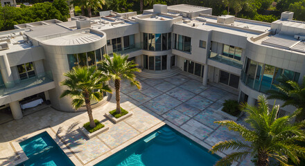 Luxury real estate modern architecture mansion estate home design pool palm trees residential property aerial view