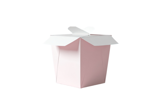 A light pink takeout food container, open, with a white lid and a small, folded bow