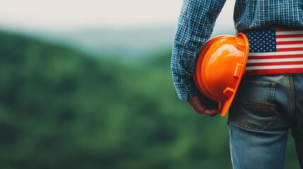 American worker holding his orange hardhat with United States flag on his belt, celebrating labor day