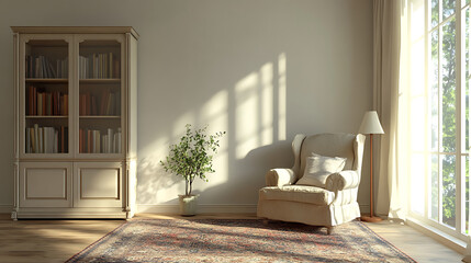 Fototapeta premium Cozy Reading Nook with Bookshelf and Armchair