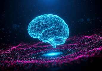 A futuristic glowing blue wireframe brain floats above a vibrant abstract digital particle field.