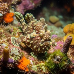 Obraz premium Warty Frogfish Blending into Coral Reef 